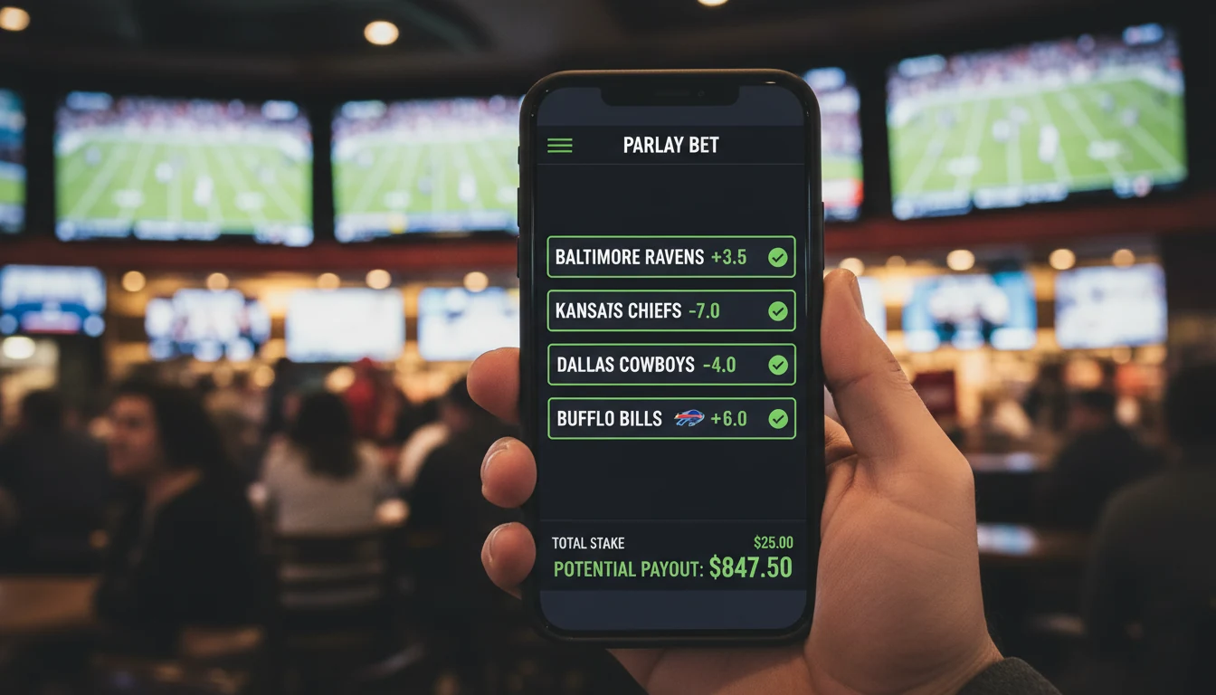 Betting slip showing multiple game selections combined into a parlay with potential payout displayed