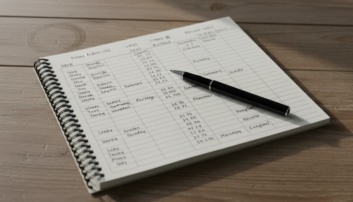 Notebook showing tracked parlay betting results with wins and losses over time