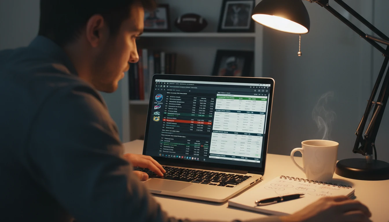 Person analyzing multiple game matchups on laptop screen while building a calculated parlay