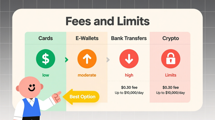 Payment fees limits comparison guide showing deposit fees, withdrawal costs, minimum and maximum limits for casino sportsbook payment methods