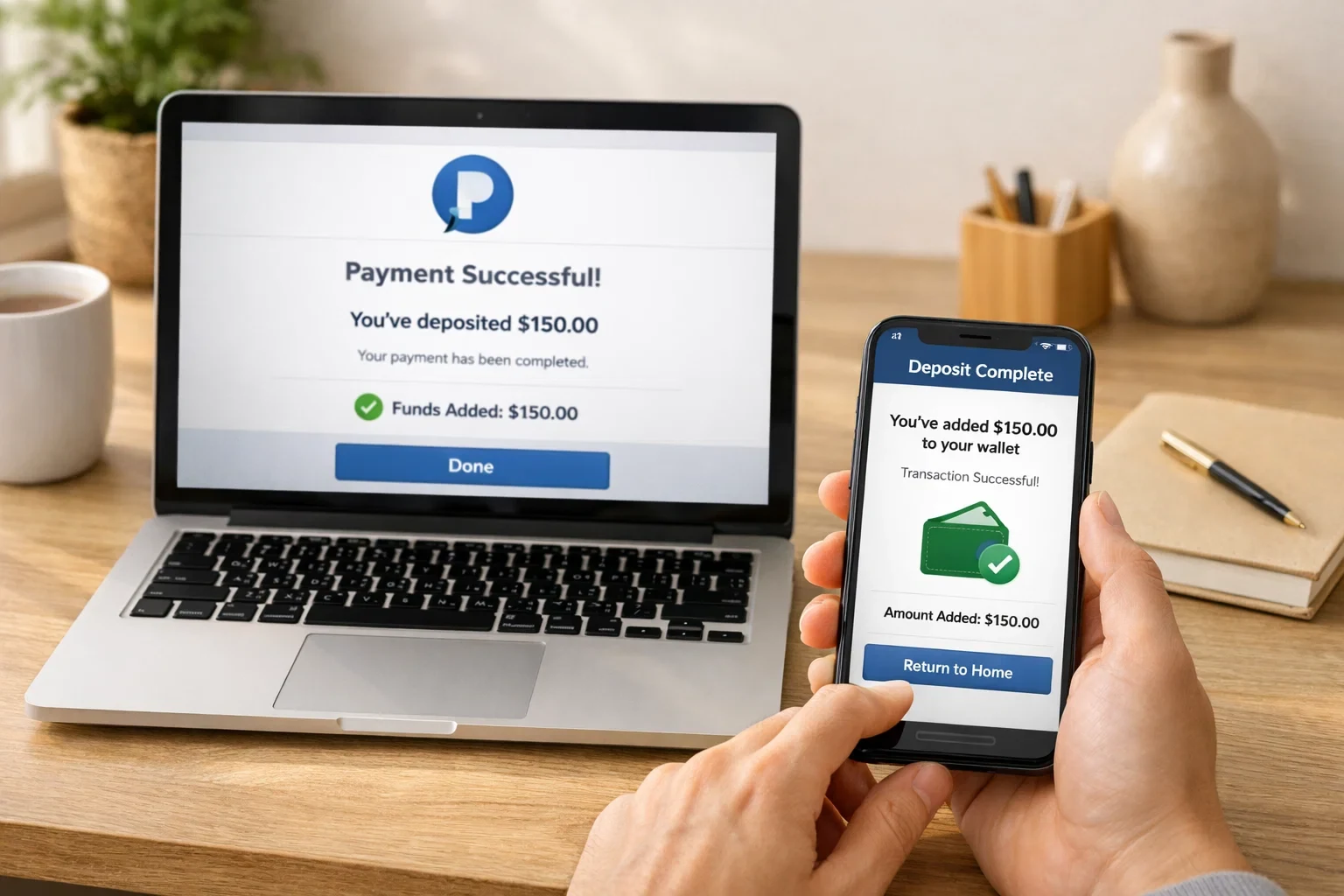 Various digital payment options displayed on smartphone and laptop screens