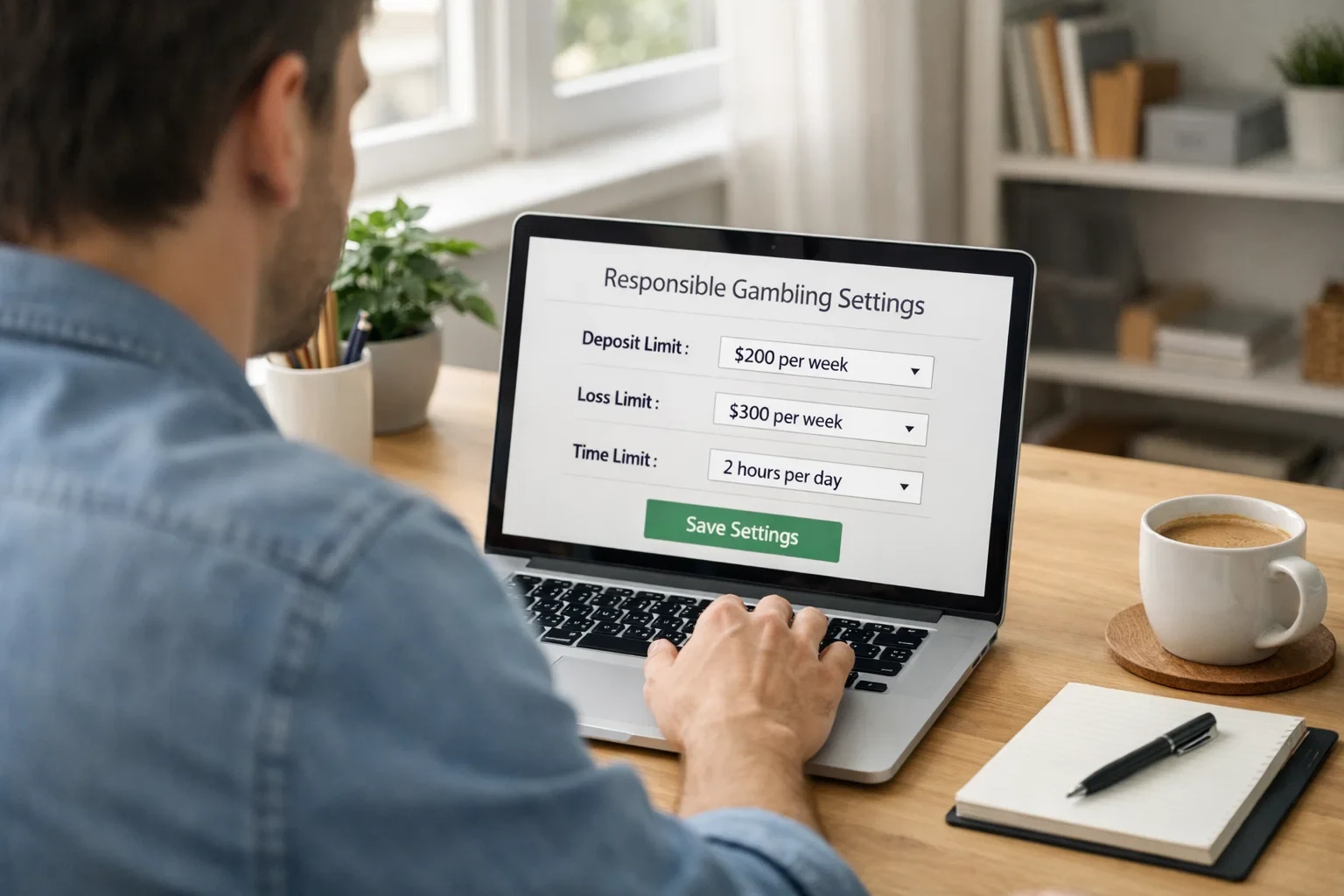 Person calmly setting up account limits on laptop during initial account registration