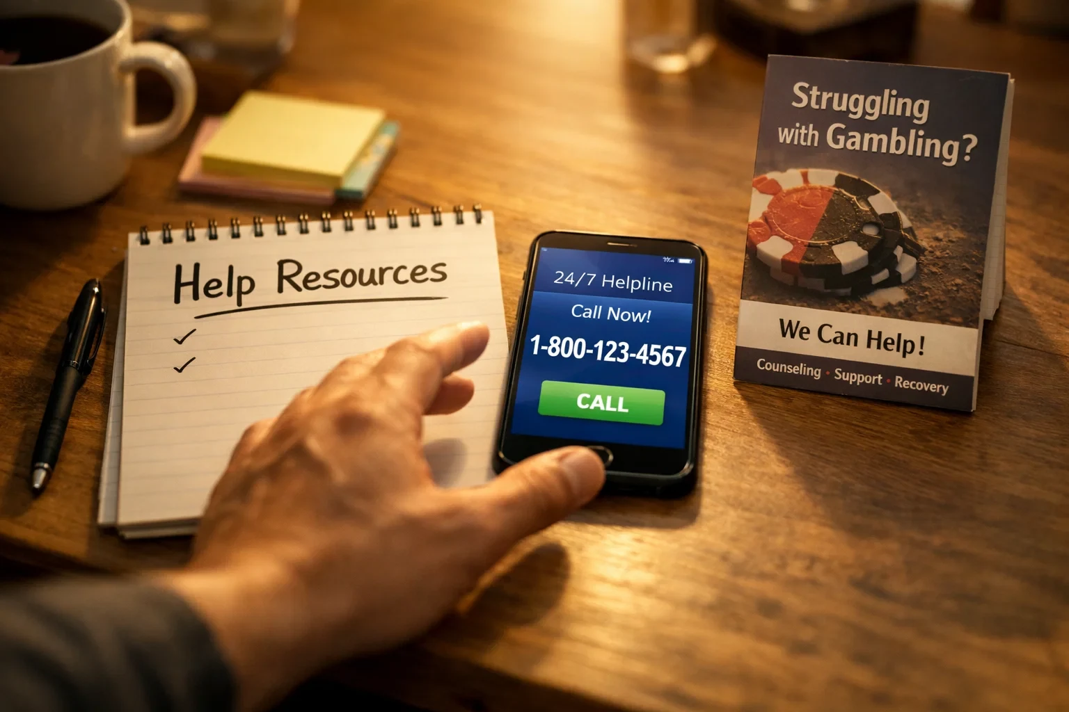 Supportive scene showing person reaching out for help with counseling resources visible