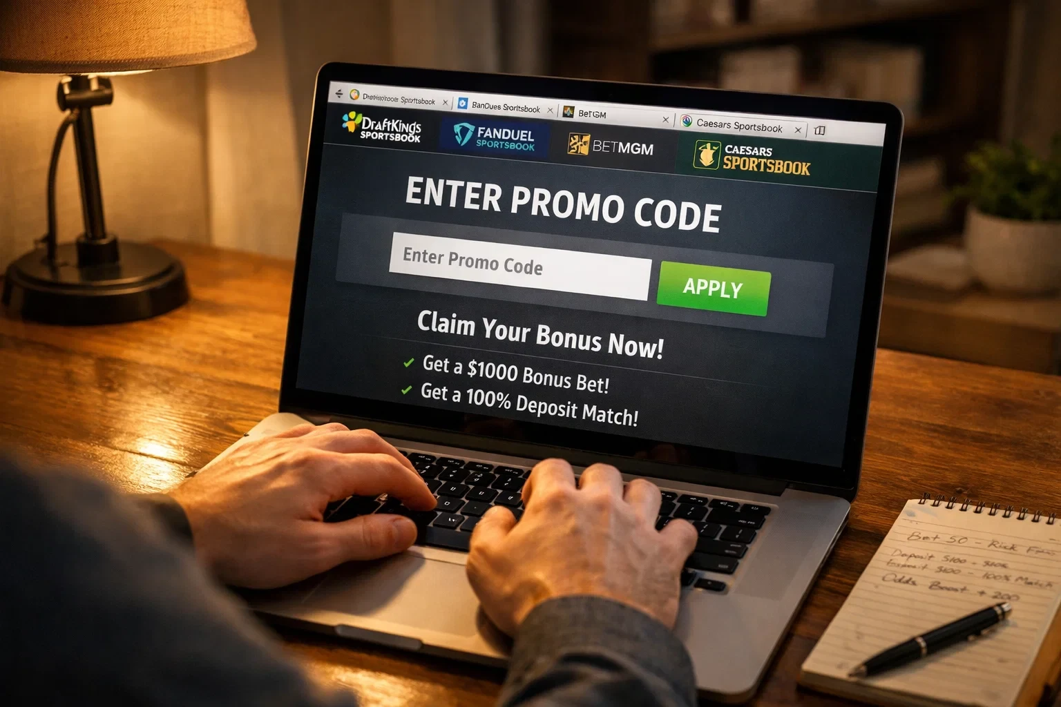 Person typing promotional code on laptop with multiple sportsbook websites open