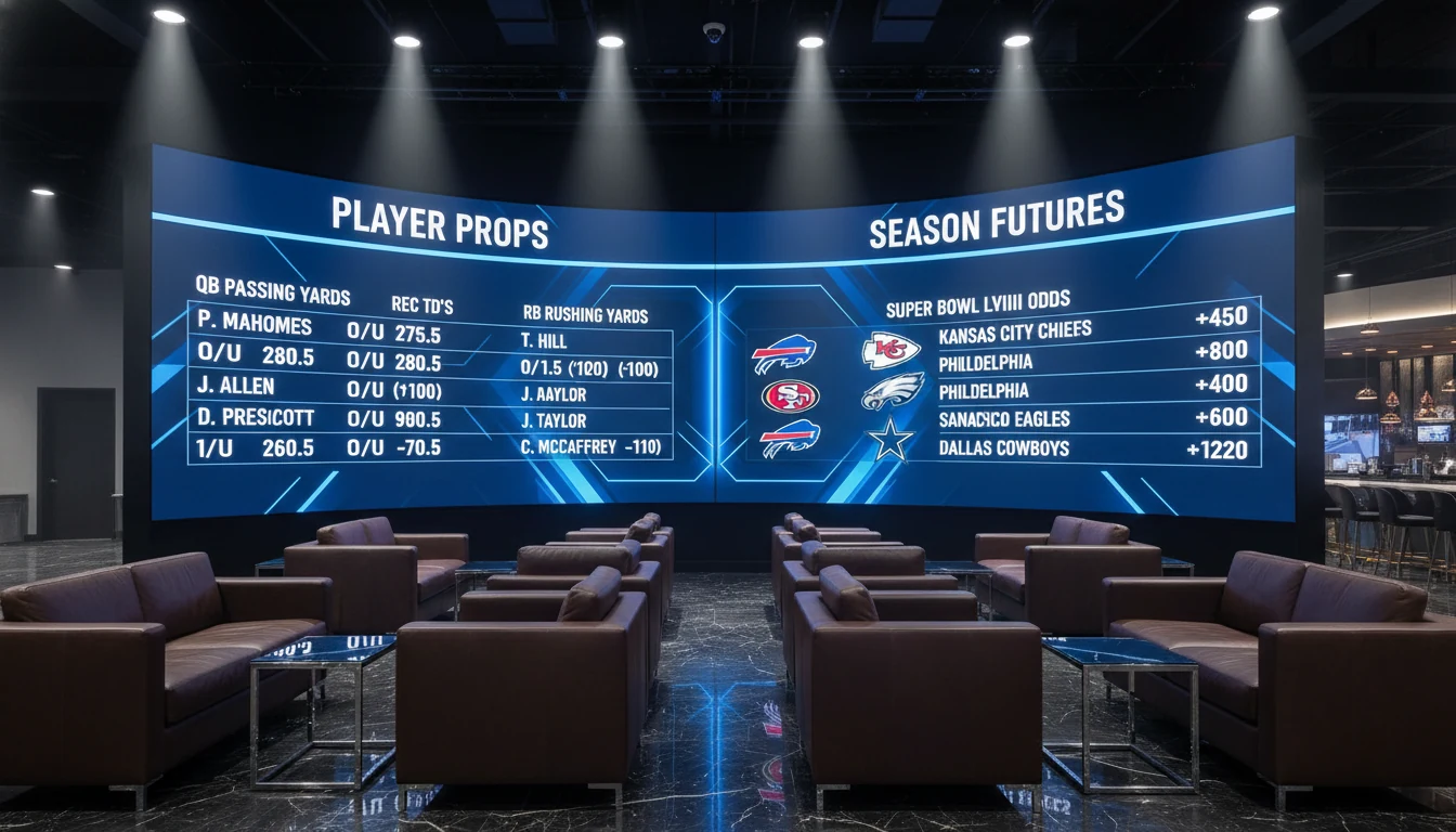 Sportsbook display showing player prop bets and season futures odds for multiple sports