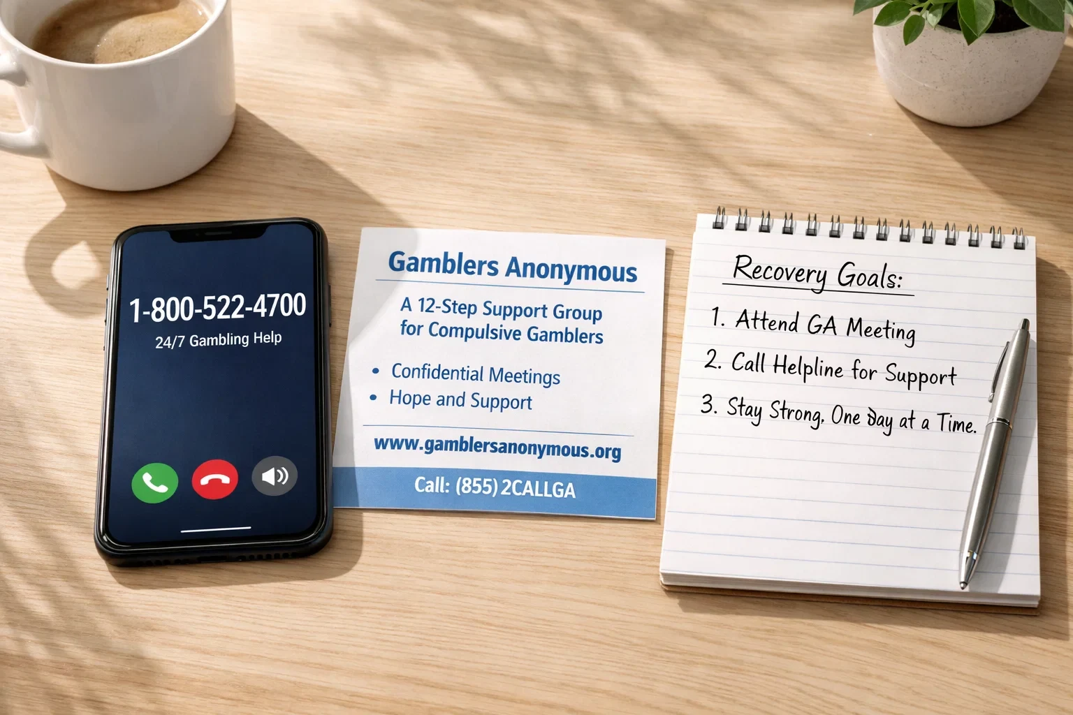 Desk with phone showing helpline number and informational materials about gambling support
