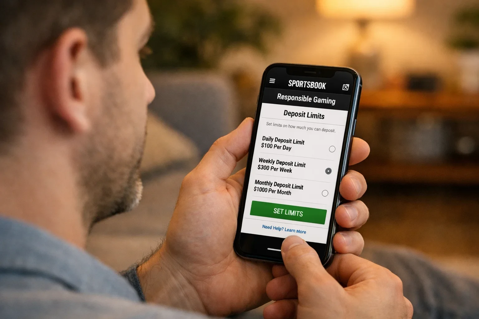 Person setting deposit limits on sportsbook app with thoughtful expression