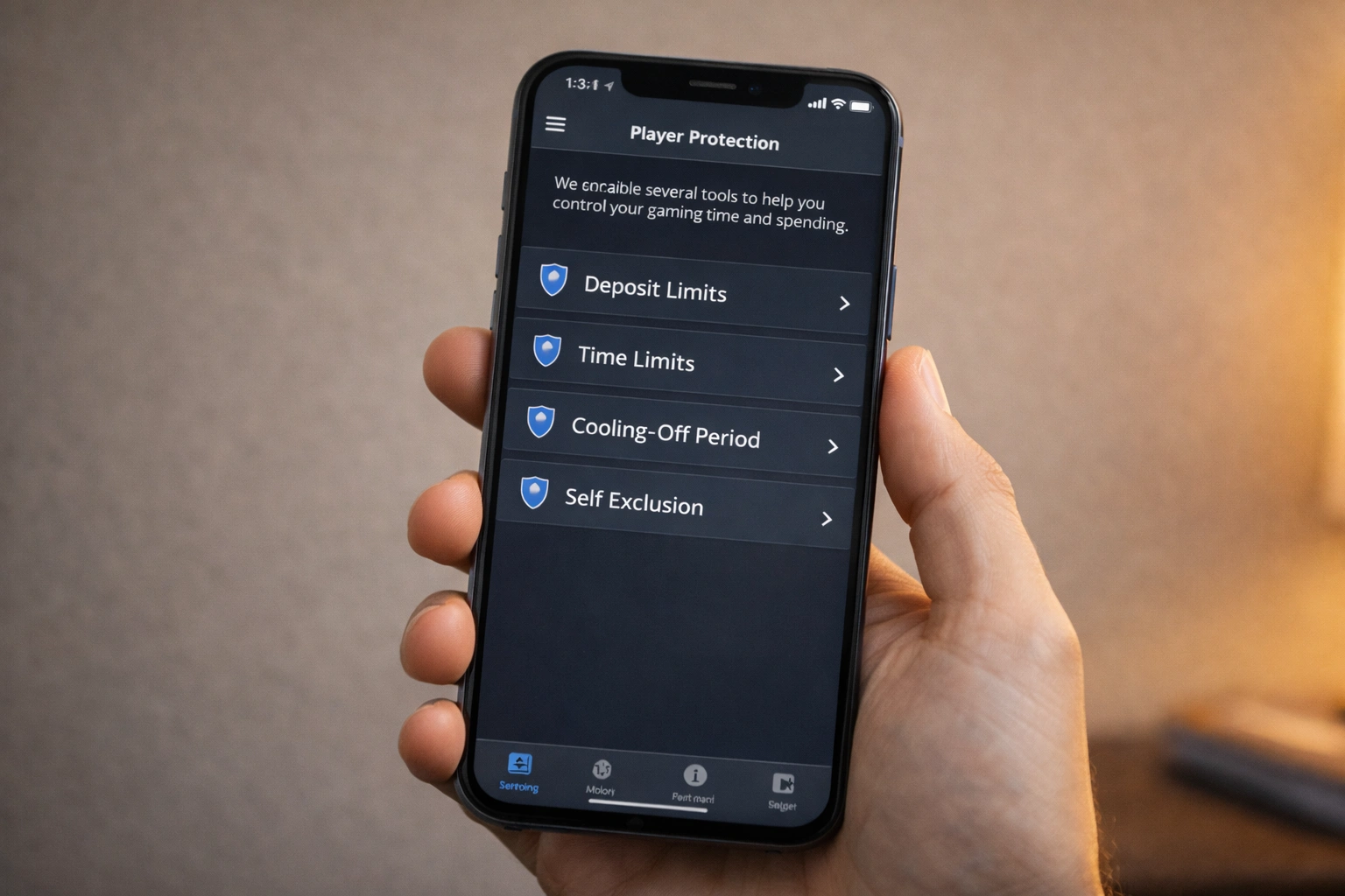 Smartphone displaying responsible gambling settings menu with various protection options