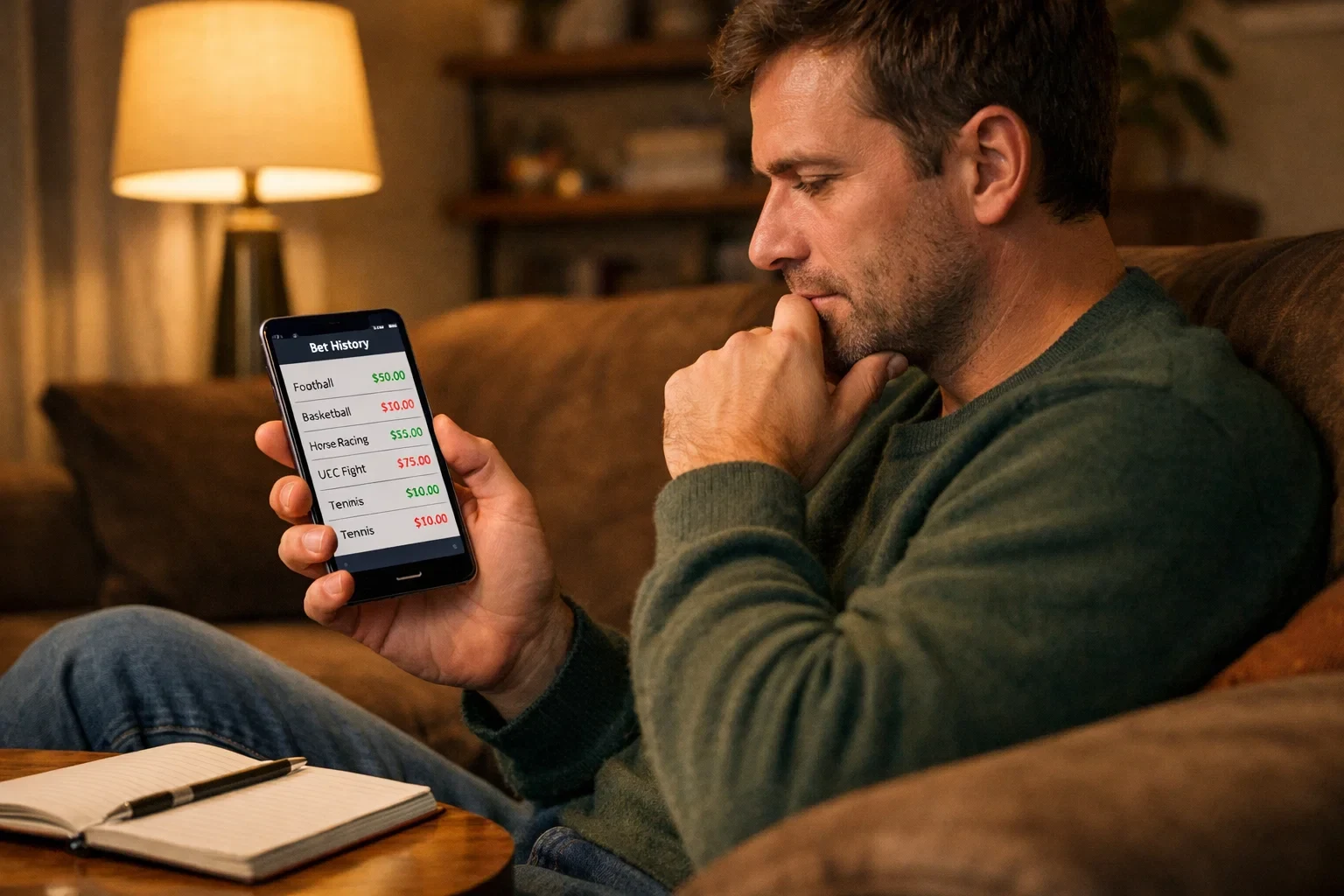 Person reviewing betting history on phone with thoughtful expression in comfortable home setting