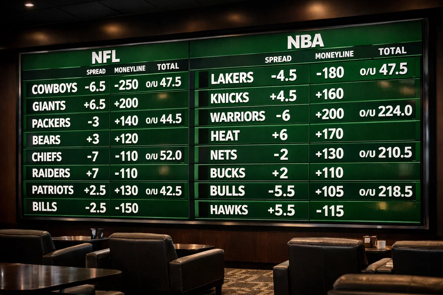Sportsbook display board showing multiple games with spreads, moneylines and totals