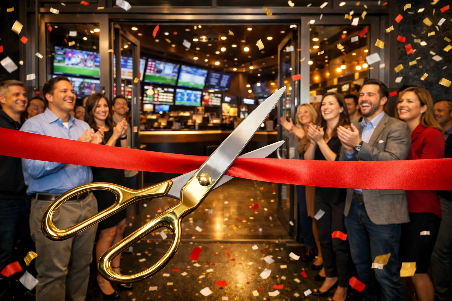Grand opening ribbon cutting ceremony at modern sports betting venue with crowd