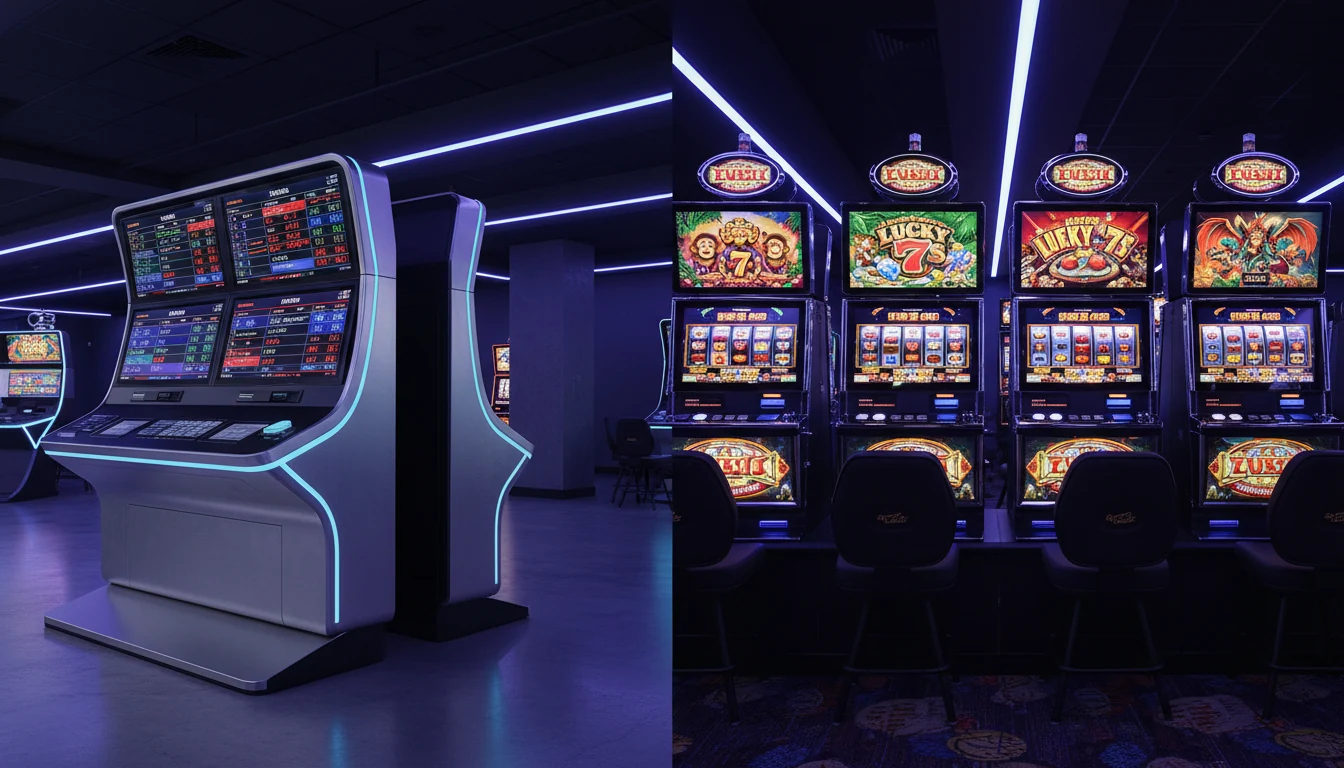 Split view of sports betting terminal and casino slot machines representing platform choice
