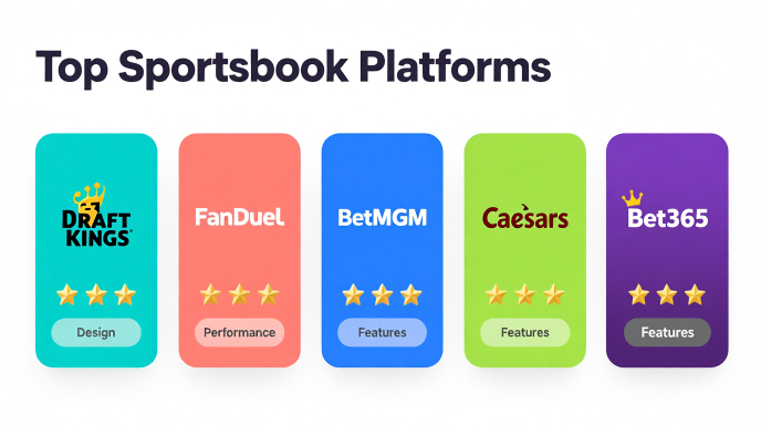 Comparative rating visualization showing five major platforms: DraftKings, FanDuel, BetMGM, Caesars, and bet365 with star ratings and performance metrics