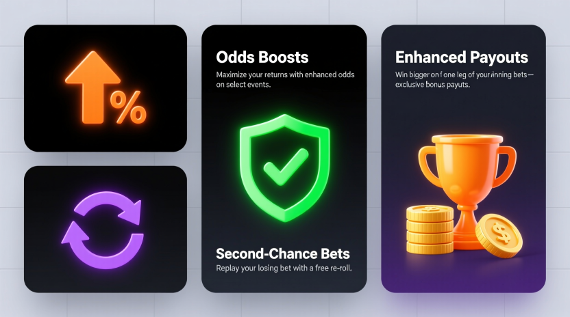 Sportsbook promotions cards display showing odds boosts parlay insurance second-chance bets and enhanced payouts