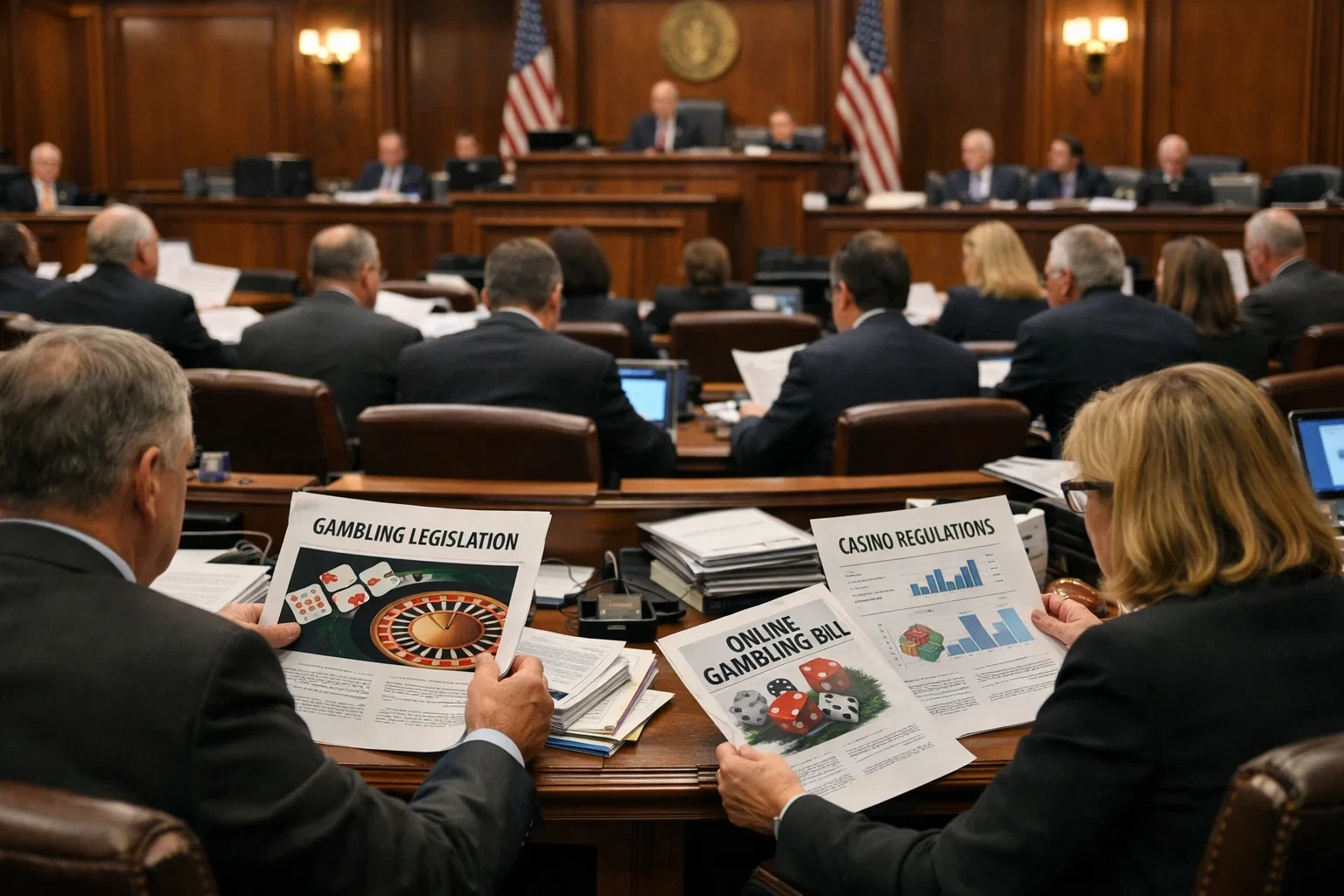 Legislative session discussing gambling regulation documents