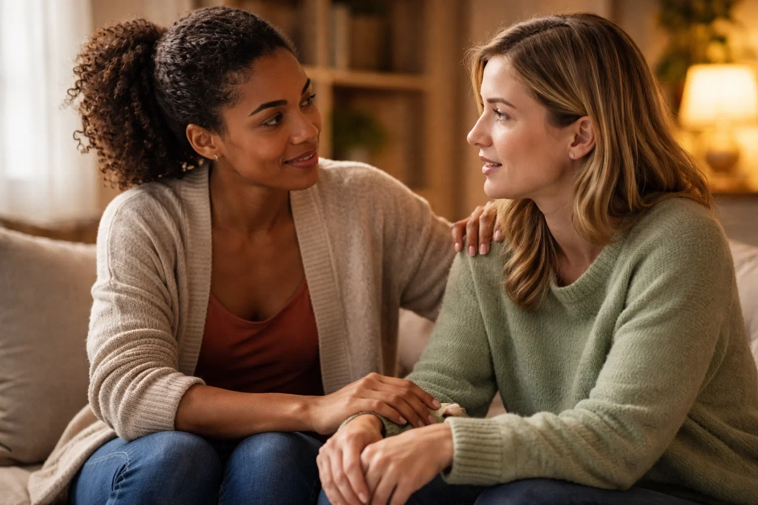 Two people having a caring supportive conversation in comfortable home setting