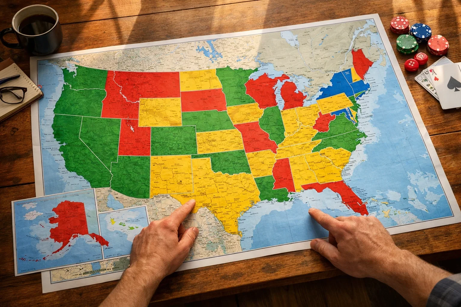 Map of the United States showing different state gambling regulations