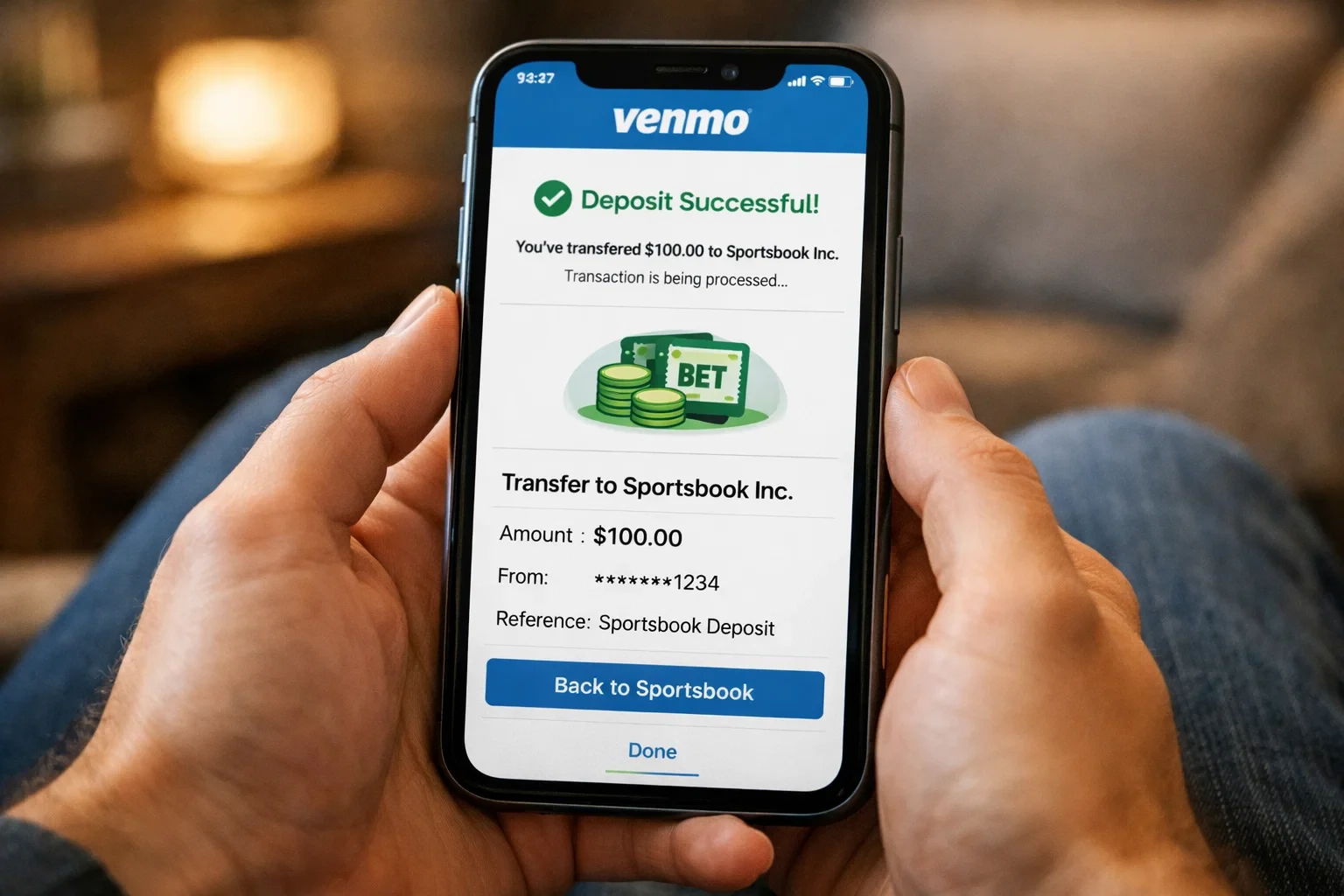 Person using Venmo app on smartphone to deposit funds at sportsbook