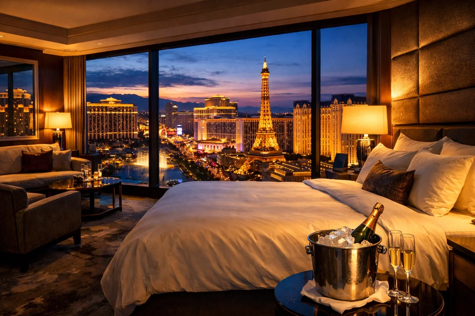 Luxurious Las Vegas hotel suite with Strip view representing VIP tier benefits