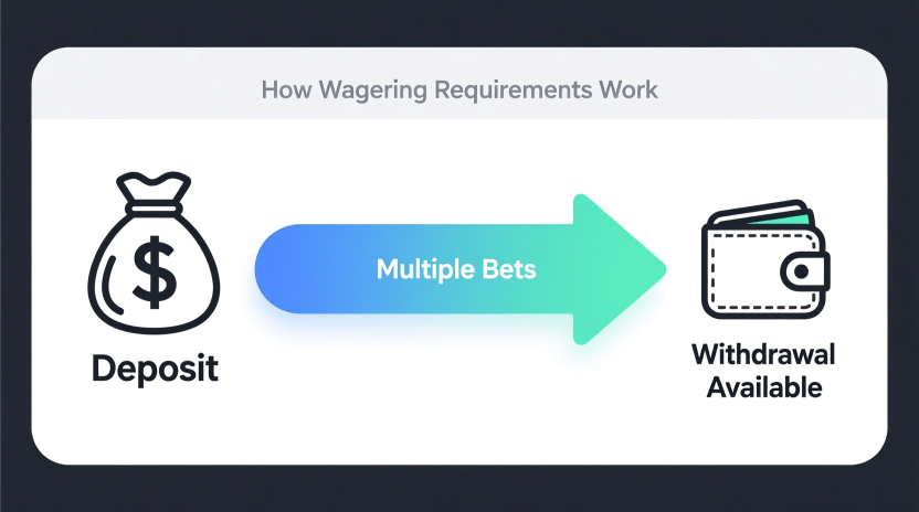 Wagering requirements technical diagram showing deposit rollover calculation and withdrawal process flow
