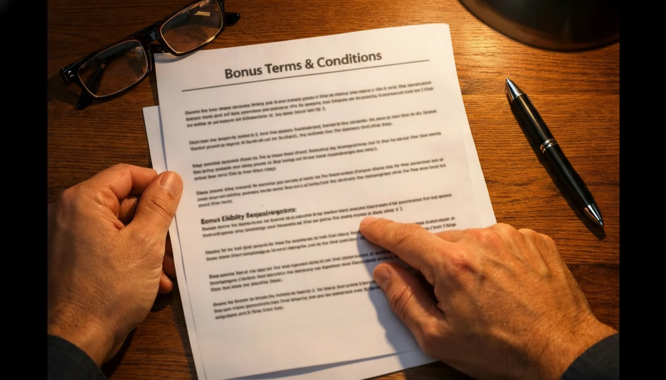 Person reviewing bonus terms document with highlighted sections on desk