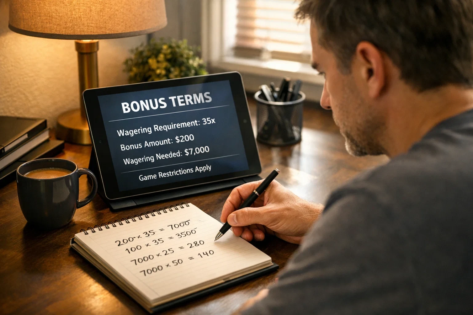 Person studying bonus terms on tablet with notepad showing calculations