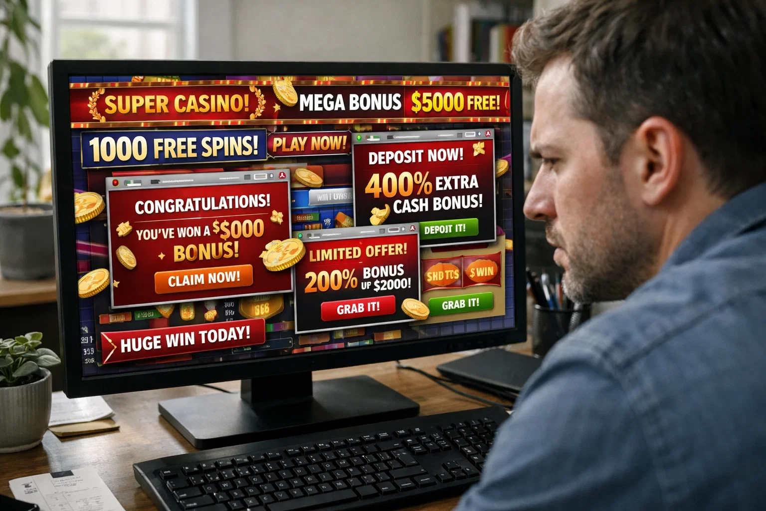 Computer screen showing suspicious gambling website with warning indicators