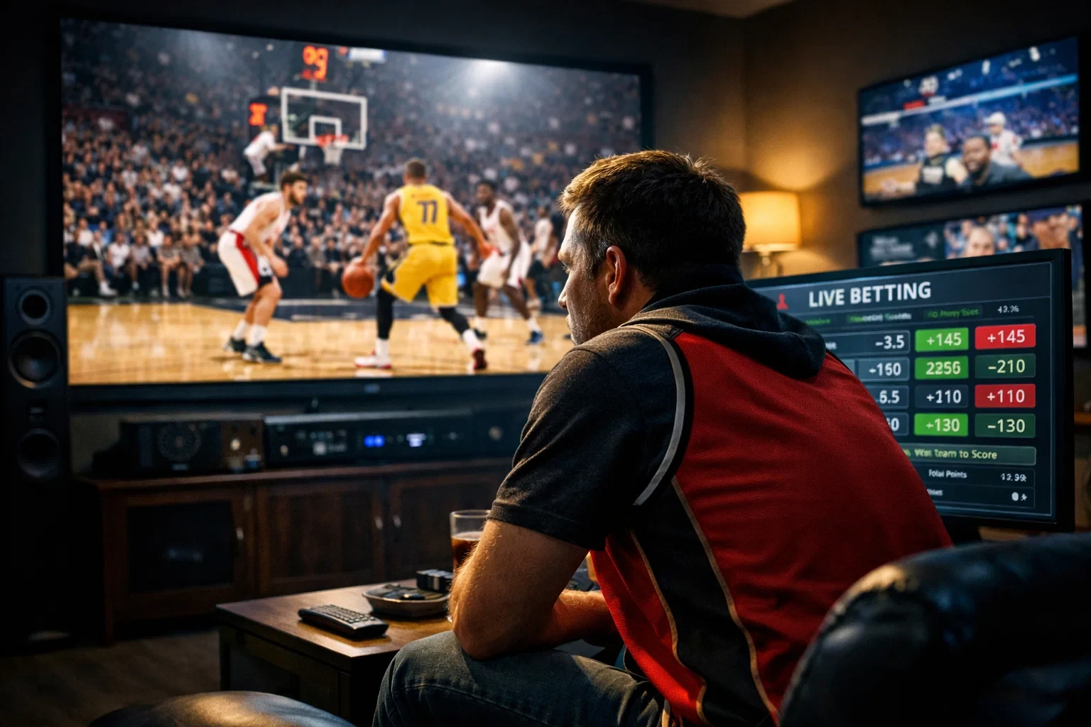 Sports fan intensely focused on multiple screens showing live game and betting interface simultaneously
