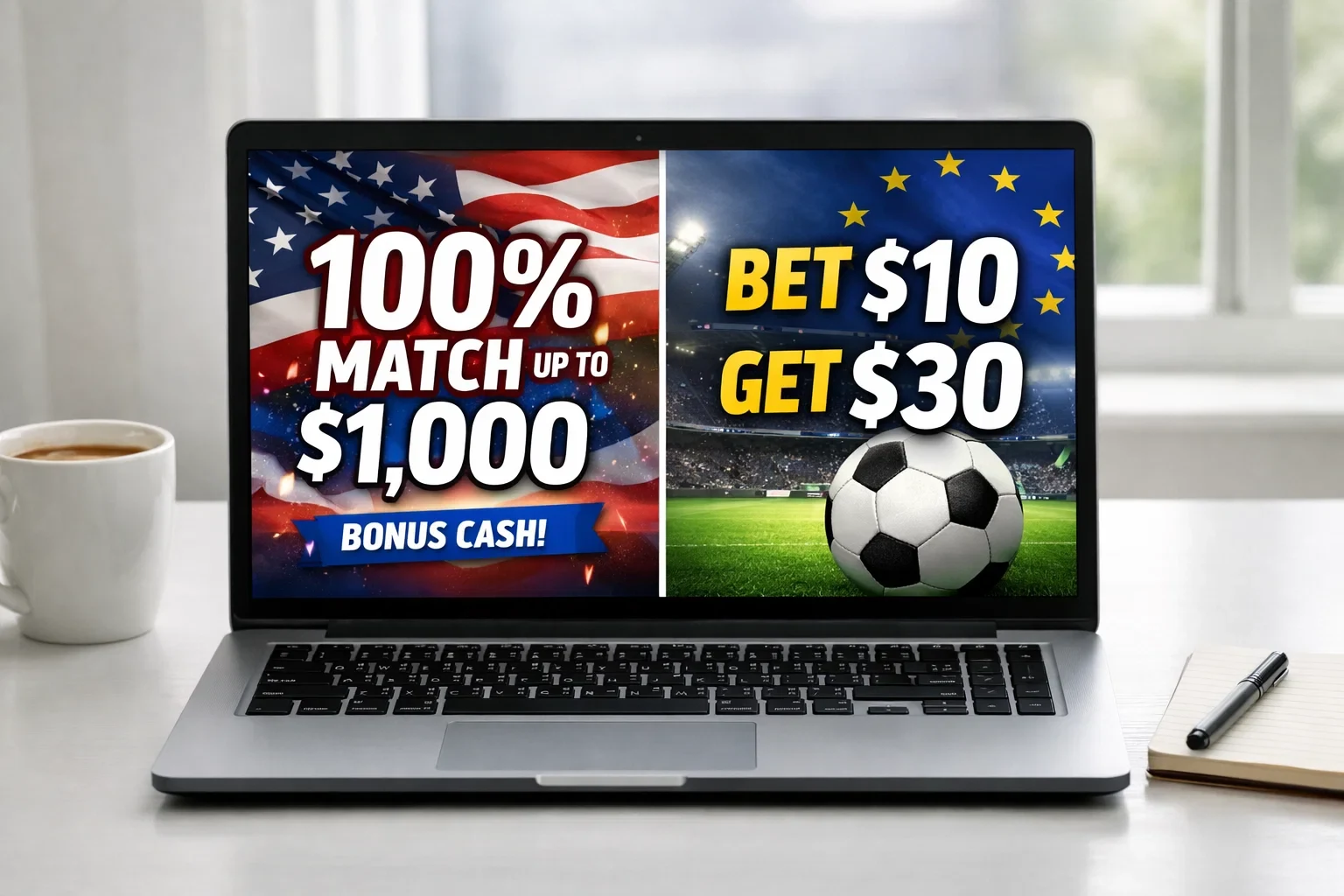 Laptop screen showing side-by-side comparison of different sportsbook welcome bonus offers