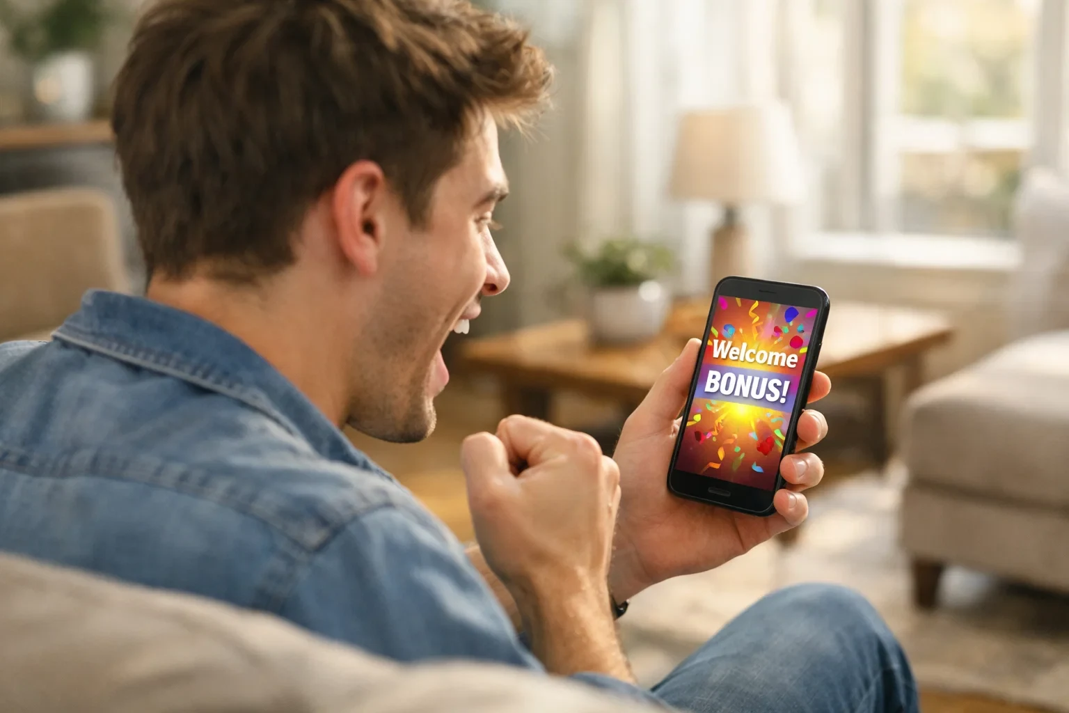 Excited person celebrating while looking at smartphone showing bonus reward notification
