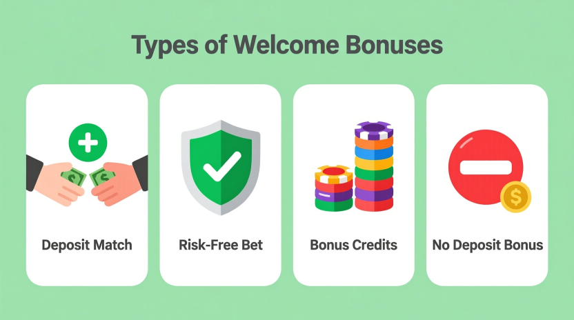 Welcome bonuses types comparison showing deposit match risk-free bet bonus credits and no deposit bonus structures